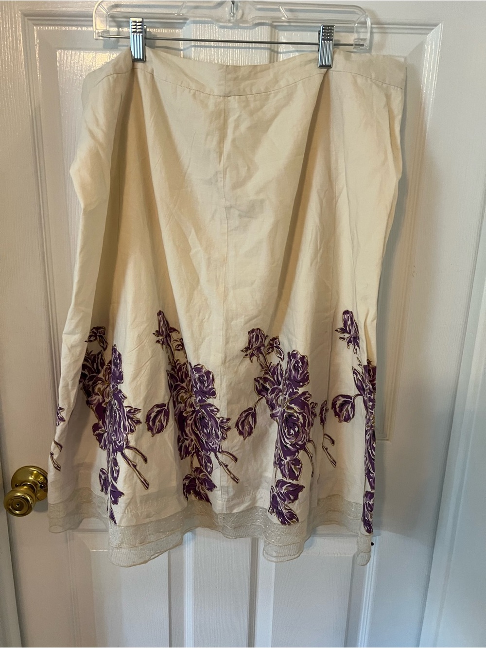 Cream Floral Embroidered Midi Skirt with Purple Accents and a Lace Hemline